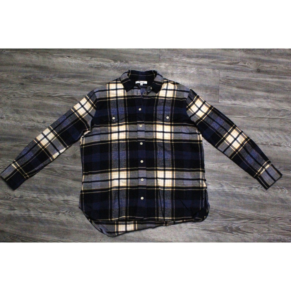 Madewell Ex-Boyfriend Flannel Shirt Navy Blue Grey Plaid XS Button Down Pockets
